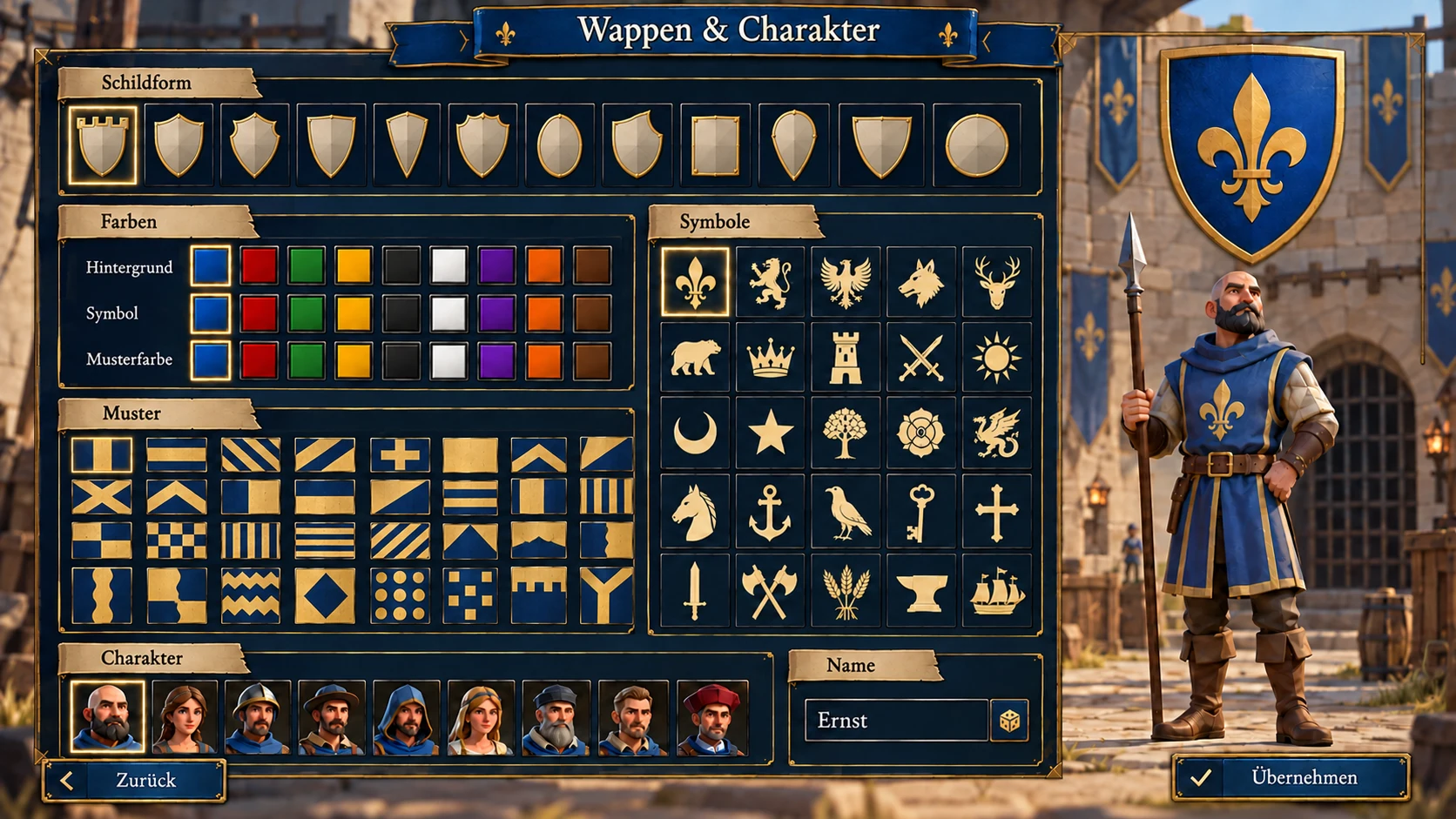 Blau-goldener Wappen- und Charaktereditor mit goldener Lilie, Schildformen und stilisierter 3D-Wache