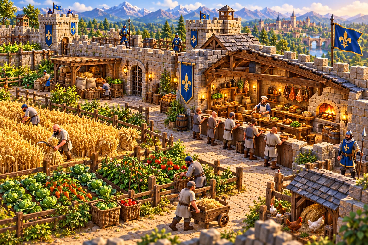 Neues Konzeptmotiv mit Getreideernte, Gemüsegarten, Küche und Essensausgabe an Gefangene